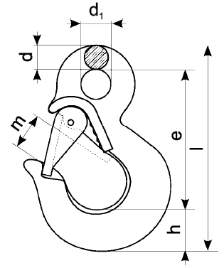Obrázek závěsného háku s okem a s vyznačenými rozměry